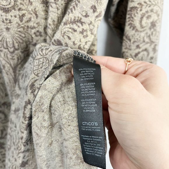 Chico's Travelers Brown Metallic Damask Print Asymmetrical Hem Top - Size 4, XXL - Picture 5 of 5